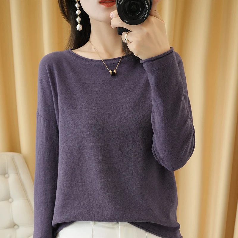 100% Cotton Women Knit Sweater Crimped Edge O-Neck Pullover Bottoming Pure Cotton Sweater Spring Autumn New Tops Clothes - Image 9