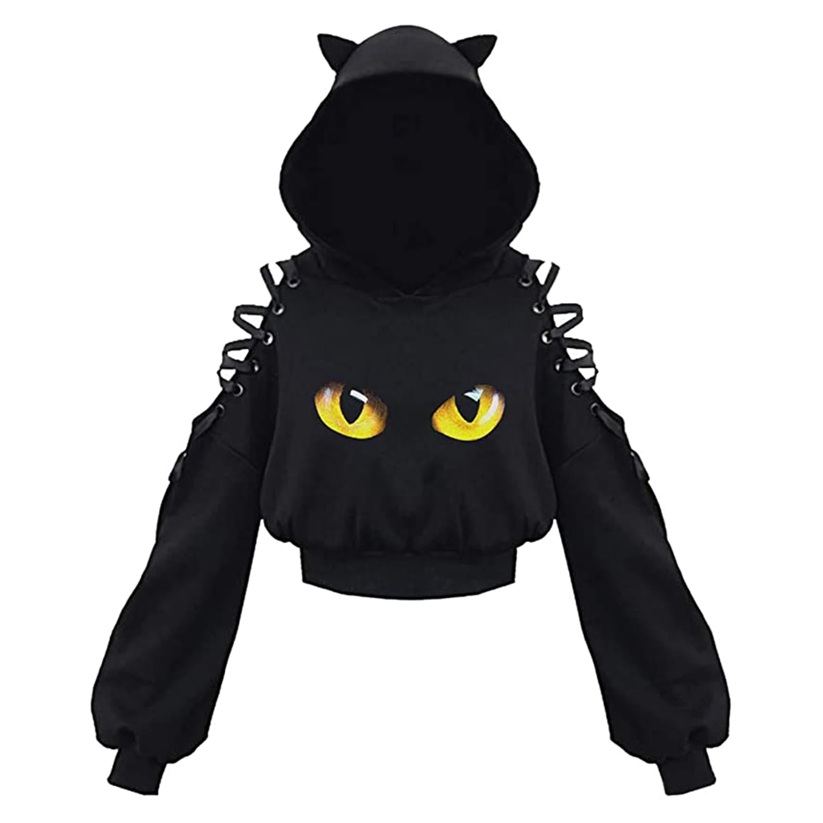 Women Long Sleeve Hoodies Kawaii Cat Ears Hoodie Gothic Punk Harajuku Cold Shouler Bandage Gothic Black Sweatshirts 2021 - Image 8