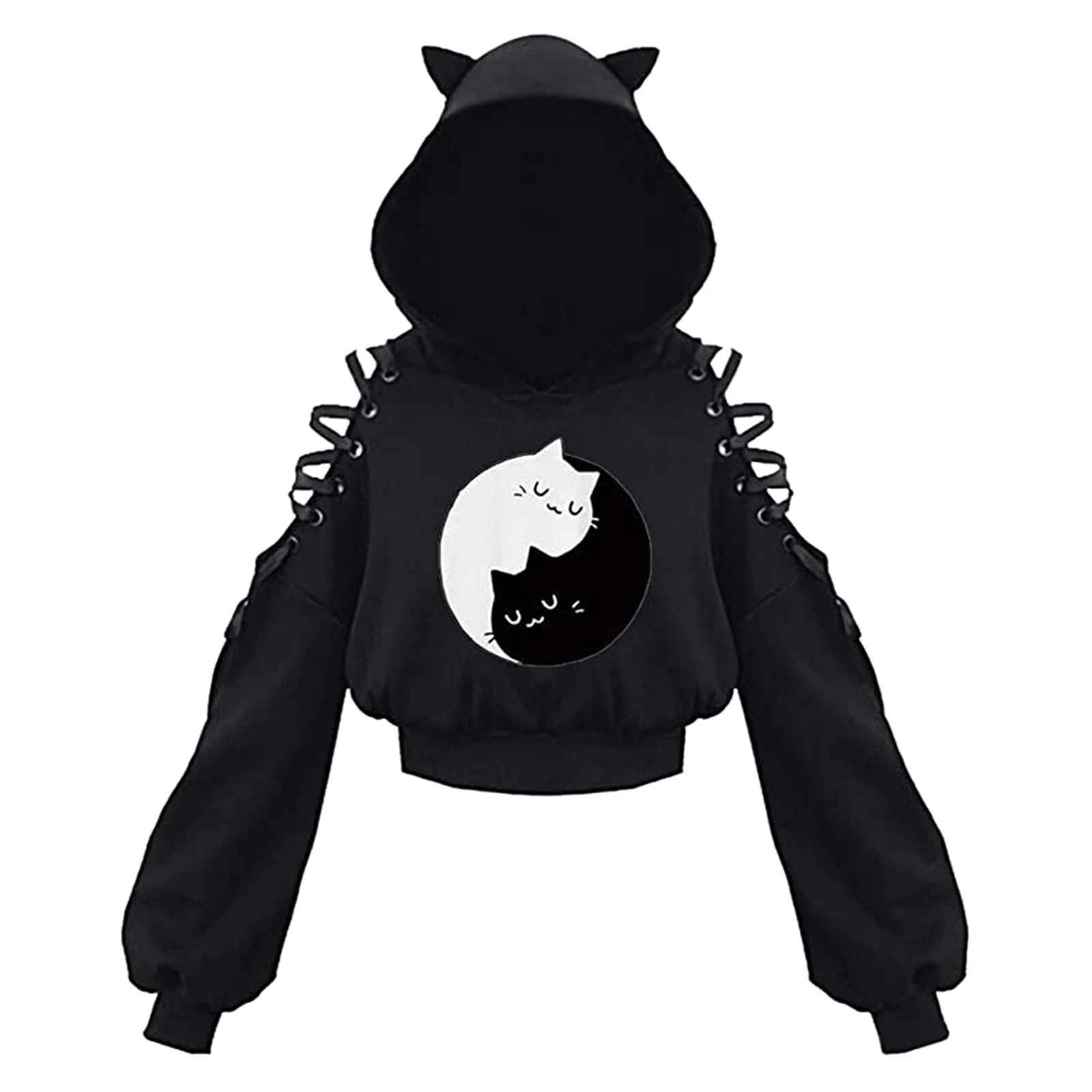 Women Long Sleeve Hoodies Kawaii Cat Ears Hoodie Gothic Punk Harajuku Cold Shouler Bandage Gothic Black Sweatshirts 2021 - Image 7