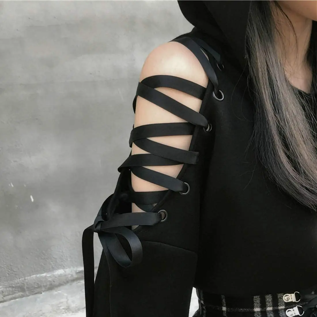 Women Long Sleeve Hoodies Kawaii Cat Ears Hoodie Gothic Punk Harajuku Cold Shouler Bandage Gothic Black Sweatshirts 2021 - Image 2