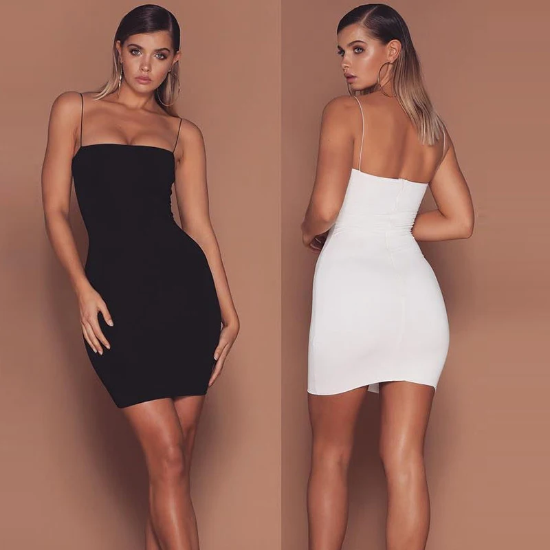 Sexy Robe Femme Straps Slim Sleeveless Halter Stretch Mini Dress 2019 Summer Women Dress White Black Spaghetti Strap Dress - Image 6