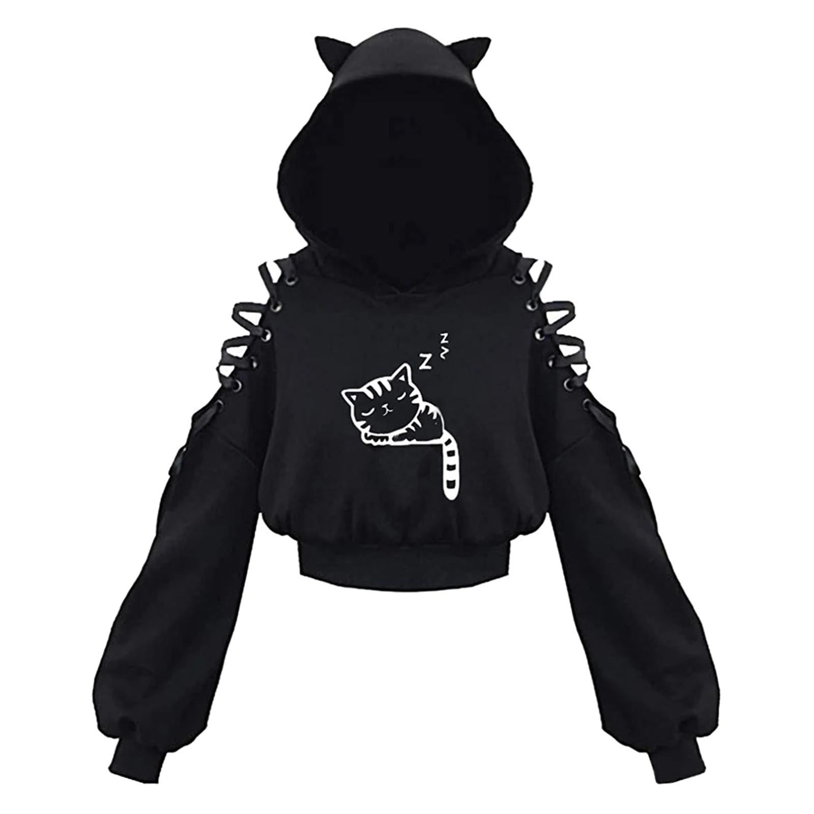 Women Long Sleeve Hoodies Kawaii Cat Ears Hoodie Gothic Punk Harajuku Cold Shouler Bandage Gothic Black Sweatshirts 2021 - Image 5
