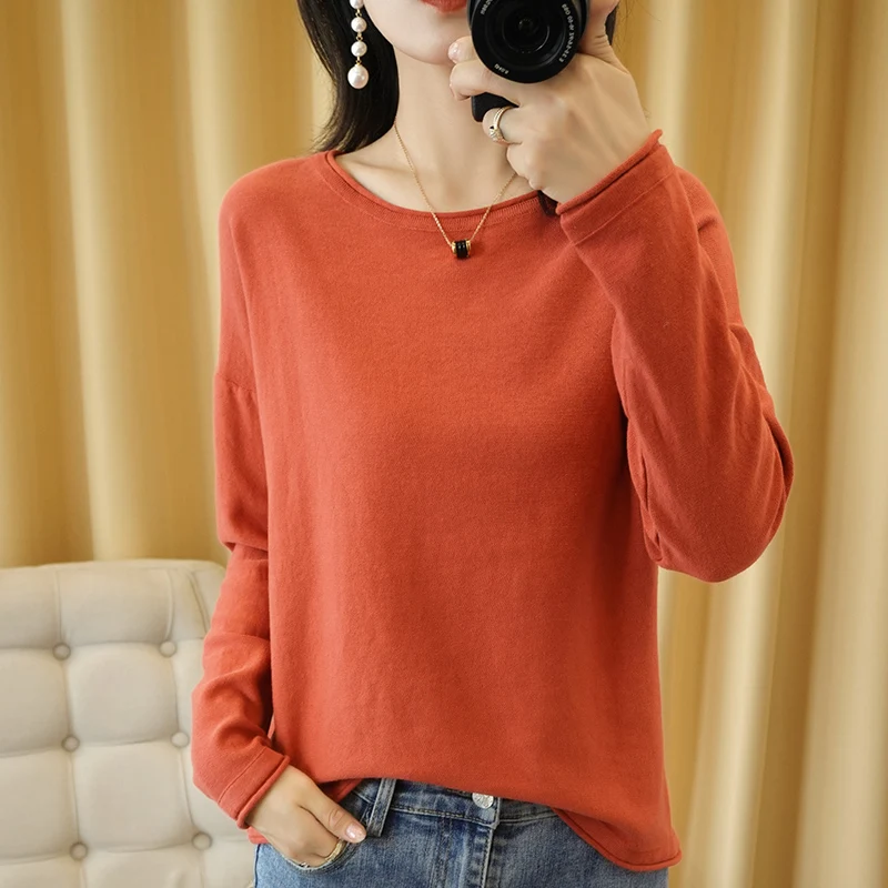 100% Cotton Women Knit Sweater Crimped Edge O-Neck Pullover Bottoming Pure Cotton Sweater Spring Autumn New Tops Clothes - Image 2
