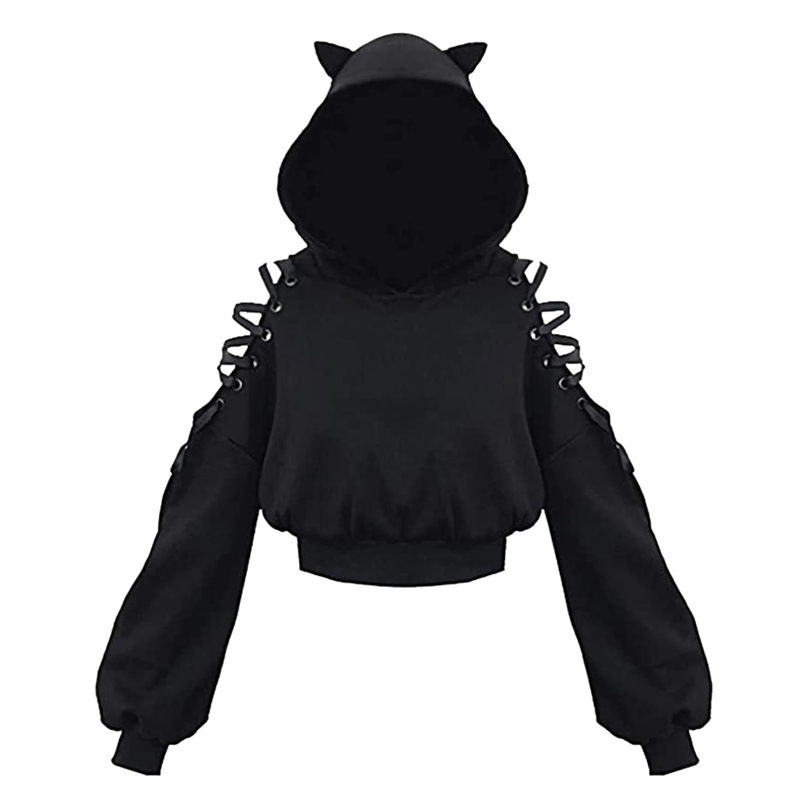Women Long Sleeve Hoodies Kawaii Cat Ears Hoodie Gothic Punk Harajuku Cold Shouler Bandage Gothic Black Sweatshirts 2021 - Image 6