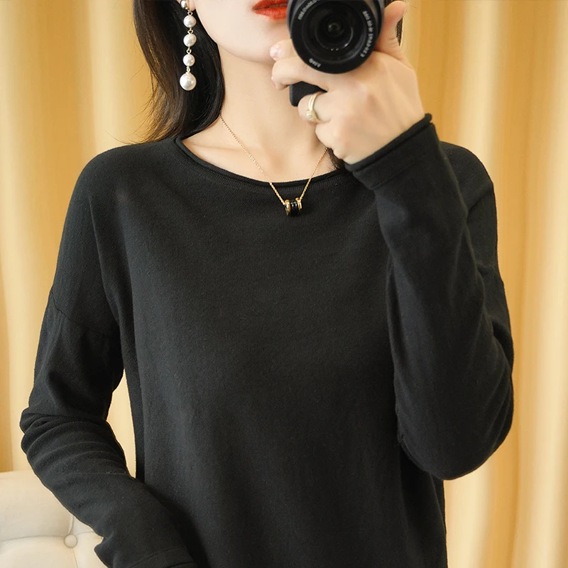 100% Cotton Women Knit Sweater Crimped Edge O-Neck Pullover Bottoming Pure Cotton Sweater Spring Autumn New Tops Clothes - Image 6