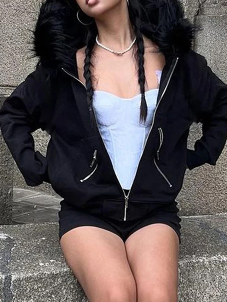 AltGoth Dark Academia Gothic Sweatshirt Women Streetwear Harajuku Vintage Y2k E-girl Cyber Punk Fur Collar Loose Cardigan Tops - Image 5