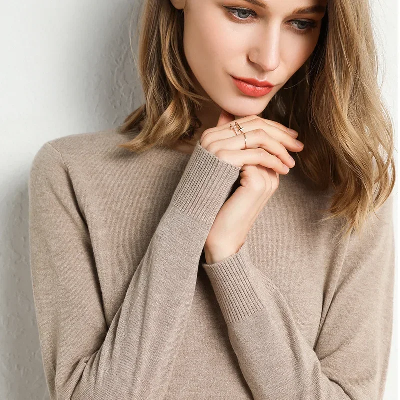 2023 Women Slim O-Neck Pullover Cashmere Wool Blending Sweater Autumn And Winter Long-Sleeved Knit Bottoming Shirt Large Size - Image 2