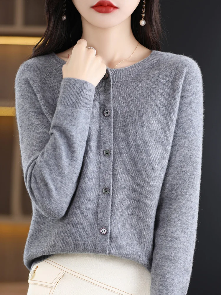 New Fashion Spring 100% Merino Wool Womens O-neck Cardigan Cashmere Sweater 2024 Female Clothing Grace Knitwear Korean Tops - Image 10