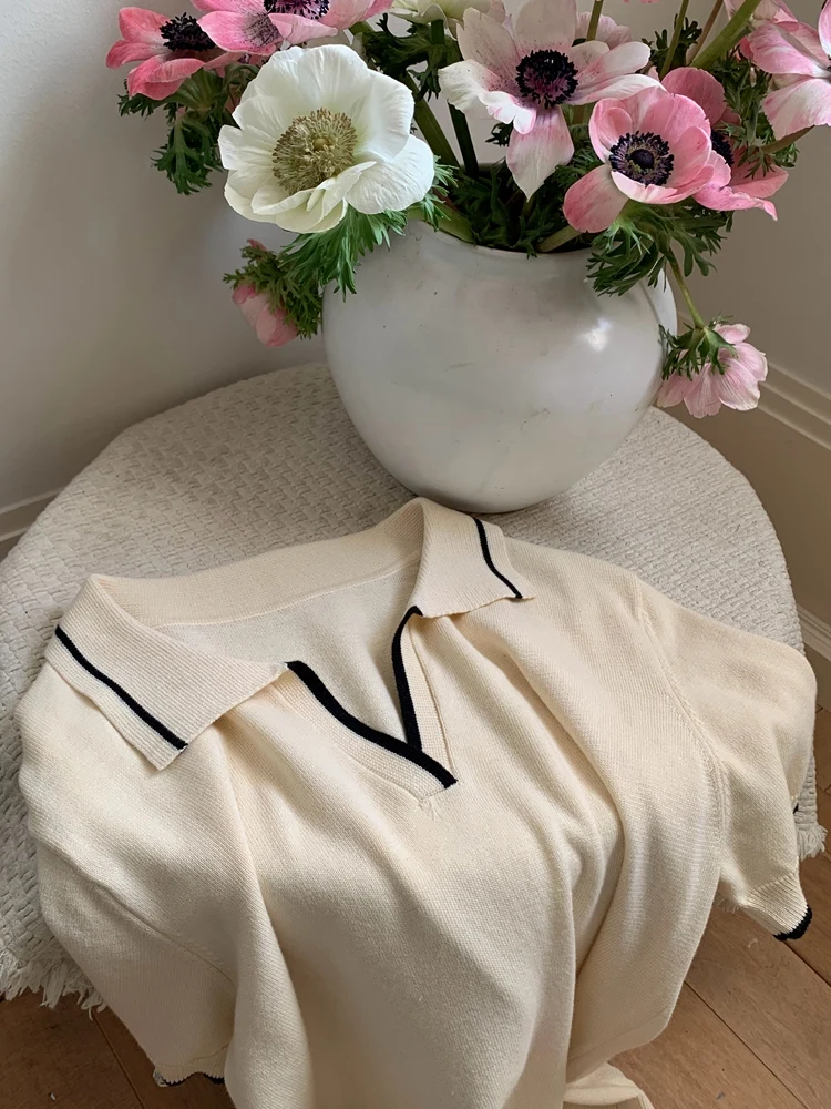 Pure Cotton Knitted Short Sleeved T-shirt for women's Summer 2025 New Fashionable and Stylish Small V-neck Polo Shirt Tops - Image 8