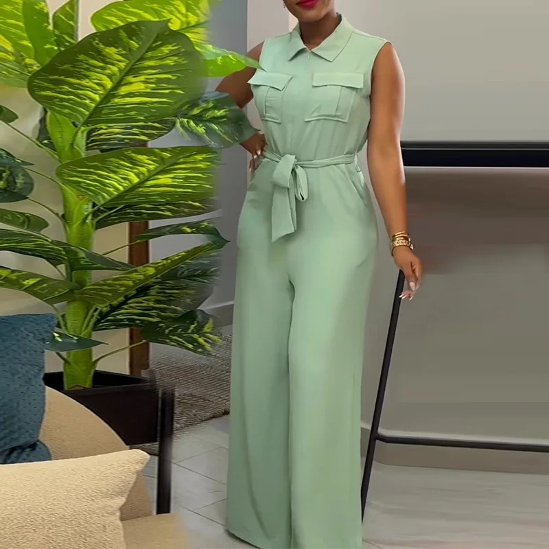 2024 Spring Summer Sleeveless Wide Leg Jumpsuit Women Turn-down Neck Pocket Front Zipper Fly Street One Piece Suit Playsuits - Image 8