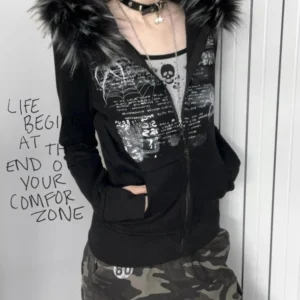 Y2k Fur Patchwork Grunge Hoodies Women Streetwear Vintage Harajuku Gothic Print Hooded Sweatshirt Coat Aesthetic Slim Jacket
