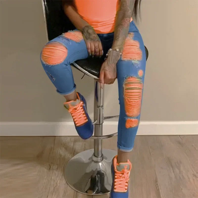 2025 New Ripped Jeans For Women Yellow Scratch Denim Pencil Pants High Waisted Stretch Skinny Hollow Out Sexy Female Mujer - Image 6
