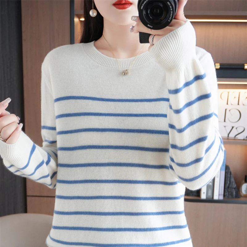 Spring Women's Pullover Sweater Striped Two-Color Sweater Long Sleeve Crewneck New 100% Cotton Pullover Sweater For Women-SMY257 - Image 3