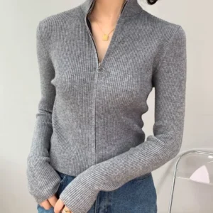 Autumn Zipper Cardigan Women Sweaters Knitted Long Sleeve Stand-up Collar Tops Korean Fashion Short Sweater for Female