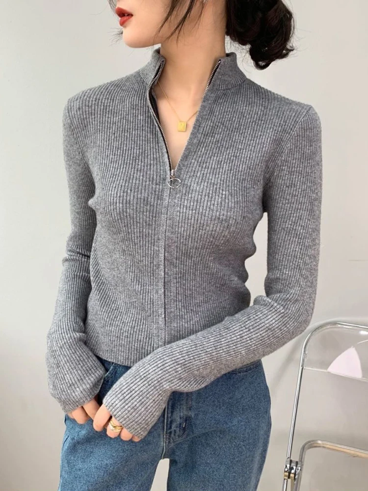 Autumn Zipper Cardigan Women Sweaters Knitted Long Sleeve Stand-up Collar Tops Korean Fashion Short Sweater for Female