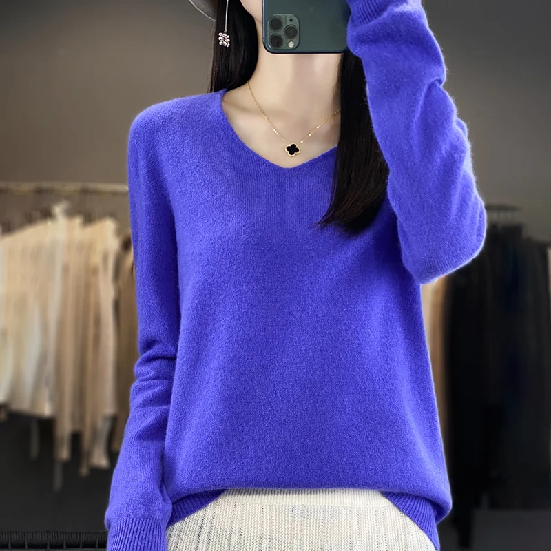 Women 100% Merino Wool Sweater V-Neck Basic Pullover Autumn Winter Cashmere Clothing Long Sleeve Soft Knitwear Tops Solid Color - Image 16