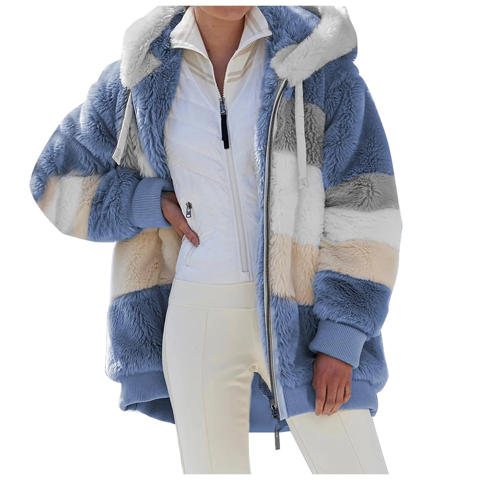 Women Striped Patchwork Fleece Hoodie Coat Autumn Winter Long Lantern Sleeve Loose Cardigan Hoodie Sweatshirt Coats - Image 4