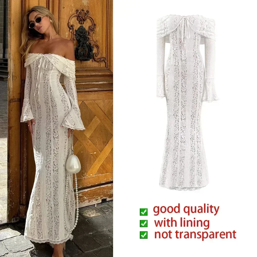 Suninheart White Off The Shoulder Bodycon Dress 2024 New in Flare Sleeve Elegant Lace Maxi Dress Wedding Guest Dress for Women - Image 9