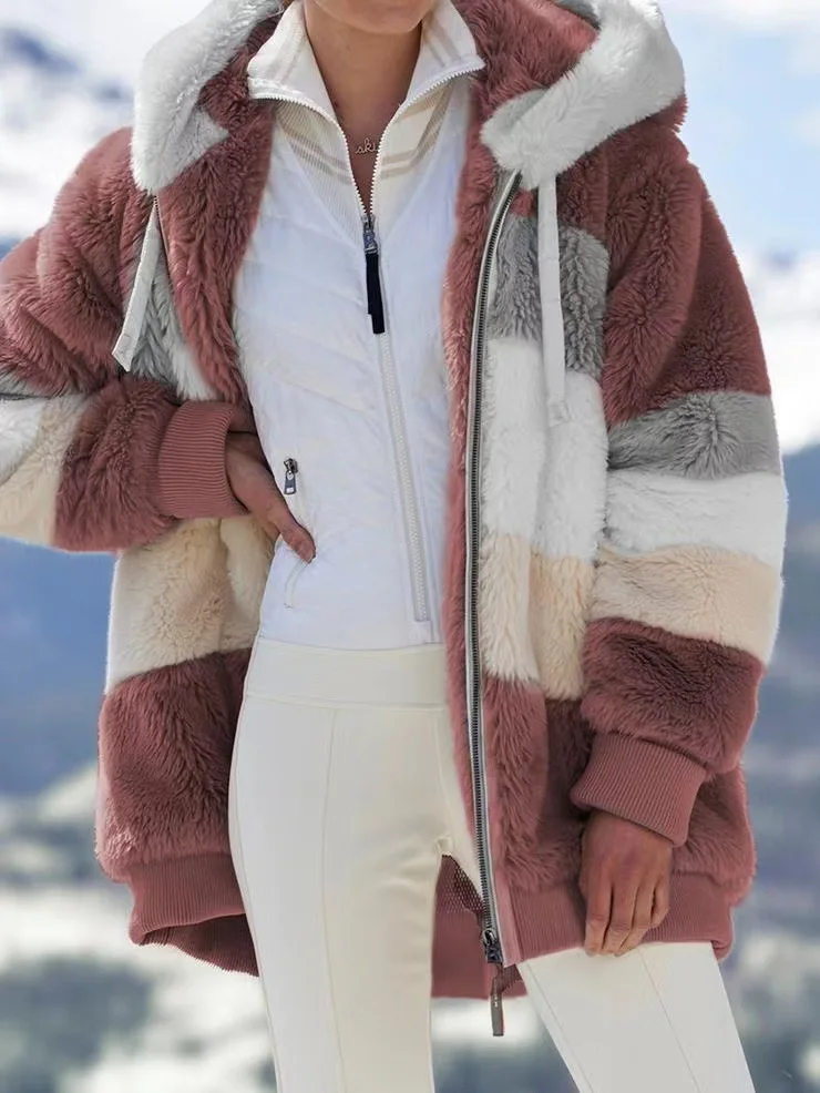 Women Striped Patchwork Fleece Hoodie Coat Autumn Winter Long Lantern Sleeve Loose Cardigan Hoodie Sweatshirt Coats - Image 11