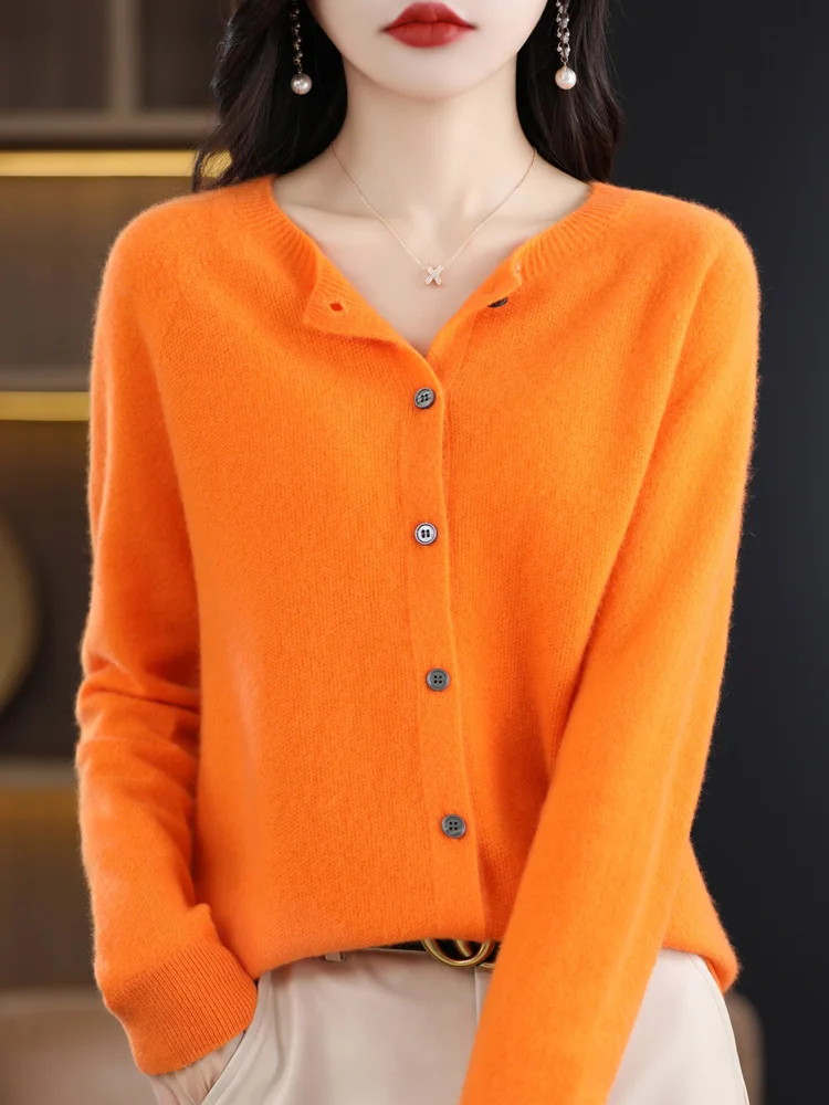 New Fashion Spring 100% Merino Wool Womens O-neck Cardigan Cashmere Sweater 2024 Female Clothing Grace Knitwear Korean Tops - Image 16