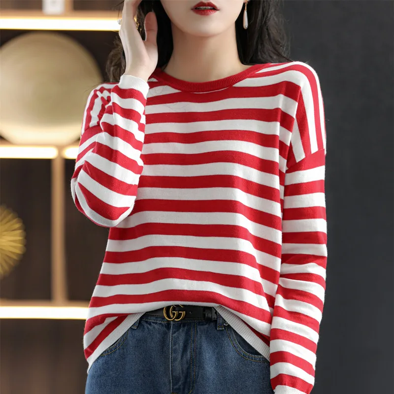 Classic Striped Spring Round Neck Pure Cotton Thin Long-Sleeved Women's Loose T-Shirt Contrast Color Knit Sweater Base SMY C16 - Image 3