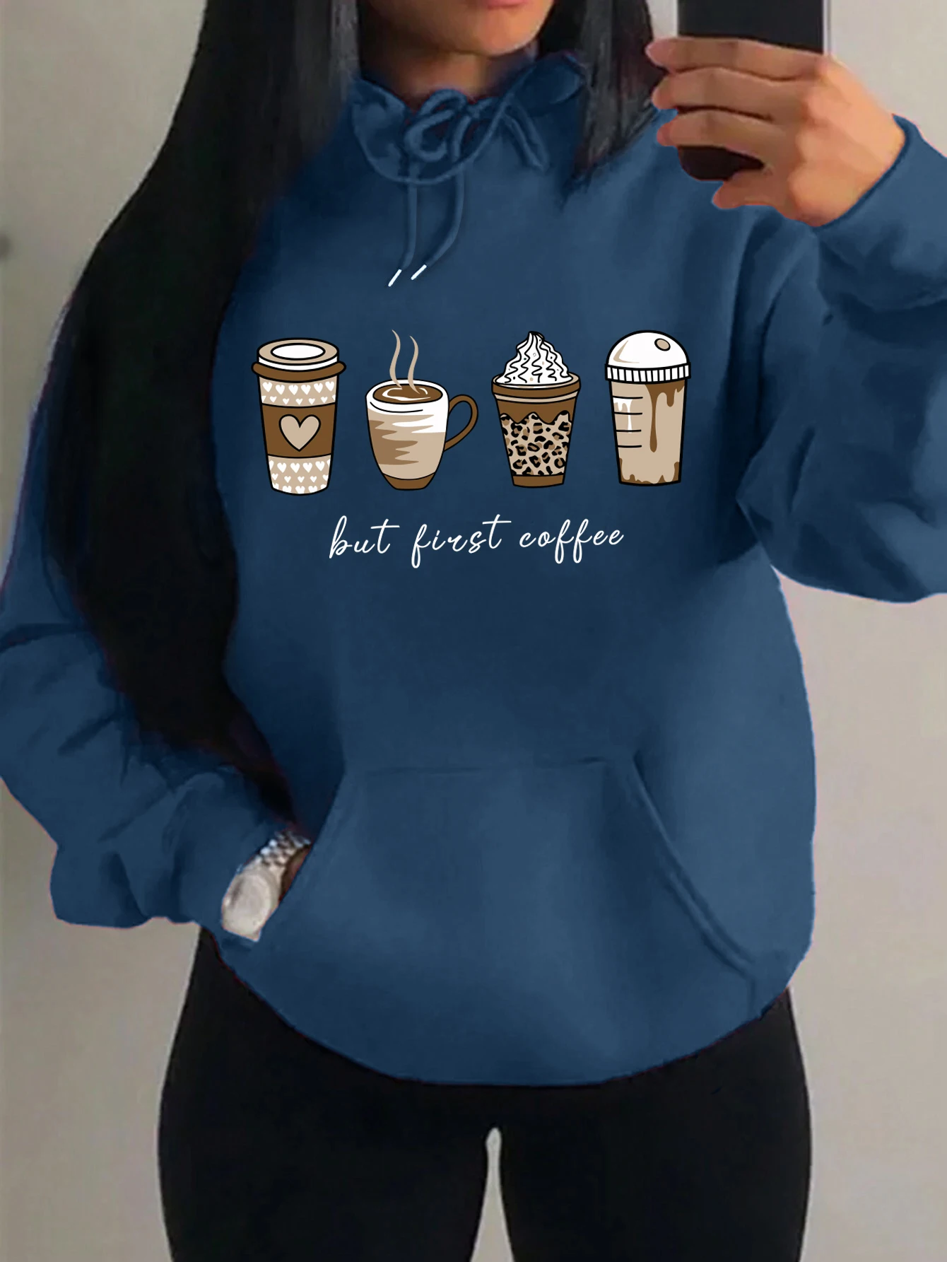 But First Coffee Cartoons Coffee Drinks Pattern Hoodies Fashion Warm Hoody Casual Trendy Sweatshirt Street Women Pullovers - Image 12
