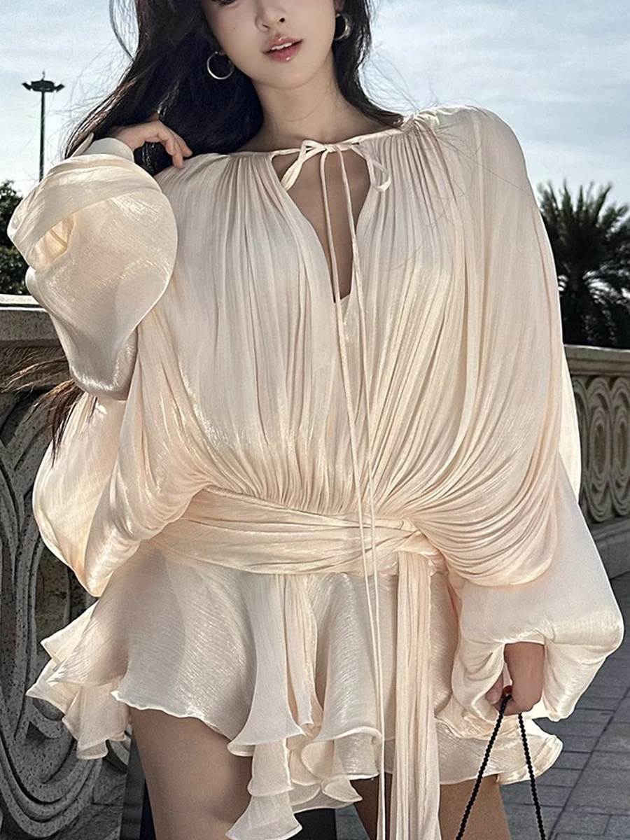 GALCAUR Solid Loose Splicd Lace Up Dresses For Women V Neck Long Sleeves Patchwork Ruffles Tunic Dreses Female Fashio New - Image 2