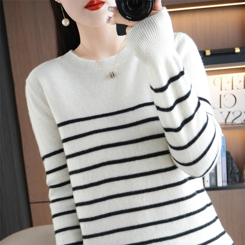 Spring Women's Pullover Sweater Striped Two-Color Sweater Long Sleeve Crewneck New 100% Cotton Pullover Sweater For Women-SMY257 - Image 6