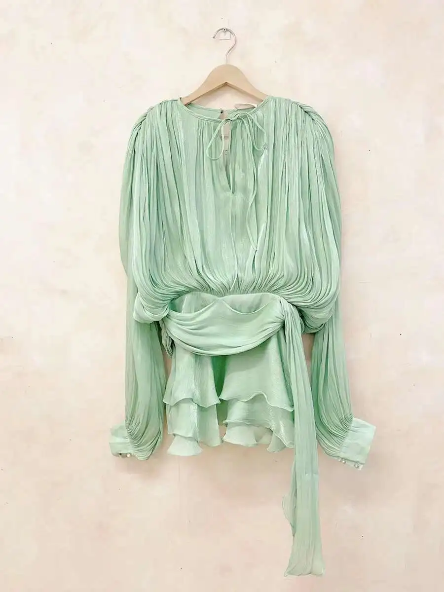 TWOTWINSTYLE Solid Blouse Mini Dresses For Women V Neck Long Sleeve Spliced Lace Up Sweet Style Dress Female Clothing Fashion - Image 13