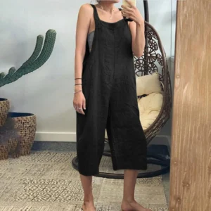 Solid Color Women Loose Cotton Linen Jumpsuit Sleeveless Harem Overalls Jumpsuits Loose Vintage Pants Femme Clothes