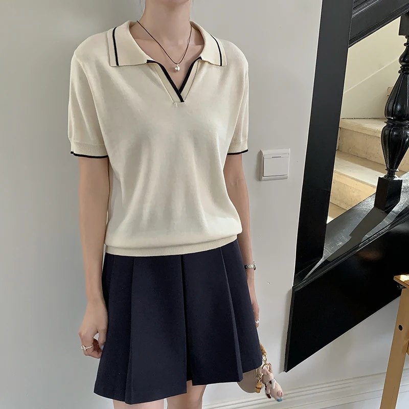 Pure Cotton Knitted Short Sleeved T-shirt for women's Summer 2025 New Fashionable and Stylish Small V-neck Polo Shirt Tops - Image 4