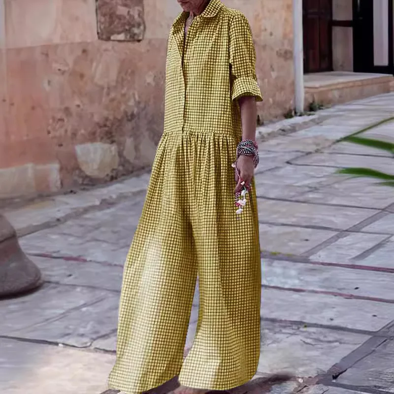 Loose Casual Plaid Print Jumpsuit Fashion Lapel Single Breasted Half Sleeved Wide Leg Jumpsuit Spring Summer Fashion Lady New - Image 4