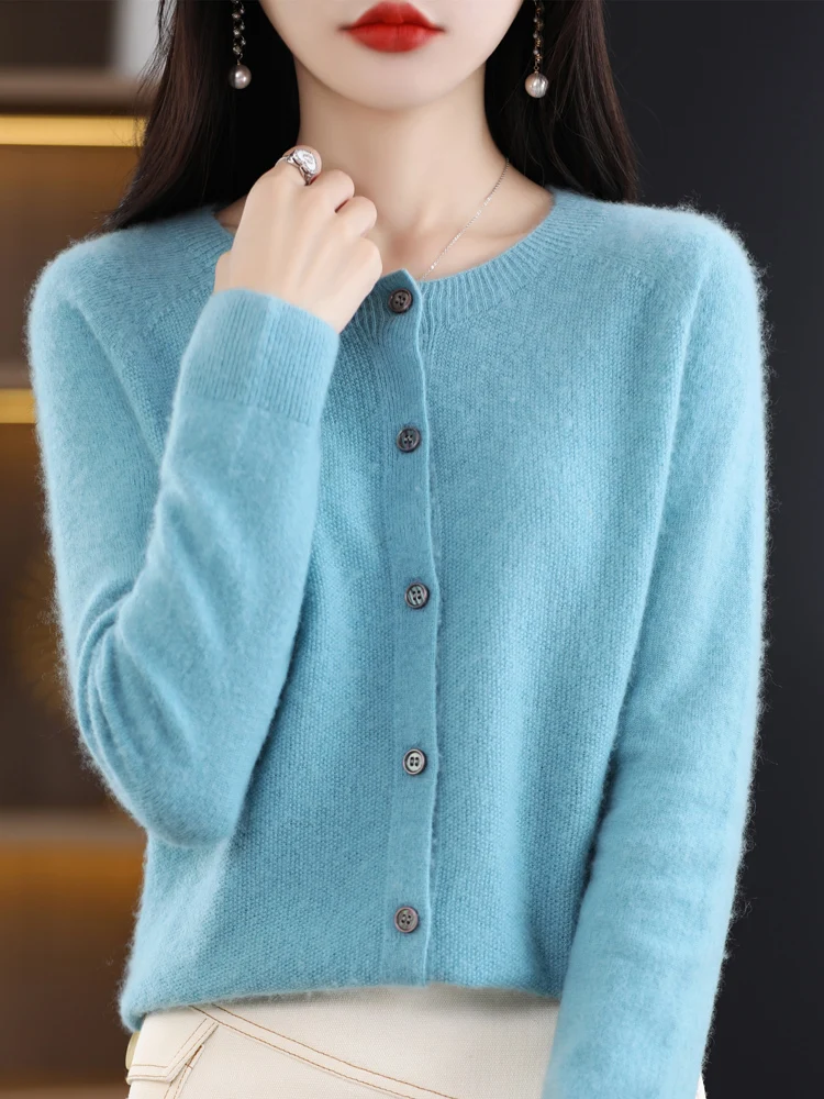 New Fashion Spring 100% Merino Wool Womens O-neck Cardigan Cashmere Sweater 2024 Female Clothing Grace Knitwear Korean Tops - Image 12