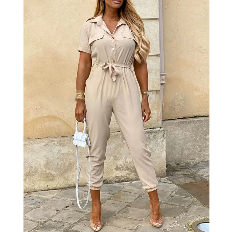Women's Monochrome Jumpsuit 2024 Spring/Summer Comfortable Casual Flip Collar Printed Belt Work Dress Women's Jumpsuit - Image 2