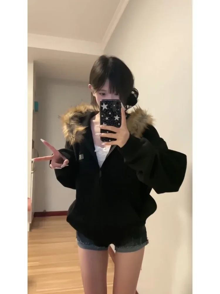 Deeptown Women Black Zip Up Hoodies Vintage Korean Preppy Style Faux Fur Coat Oversized Casual Sweatshirt Harajuku Autumn Winter - Image 2