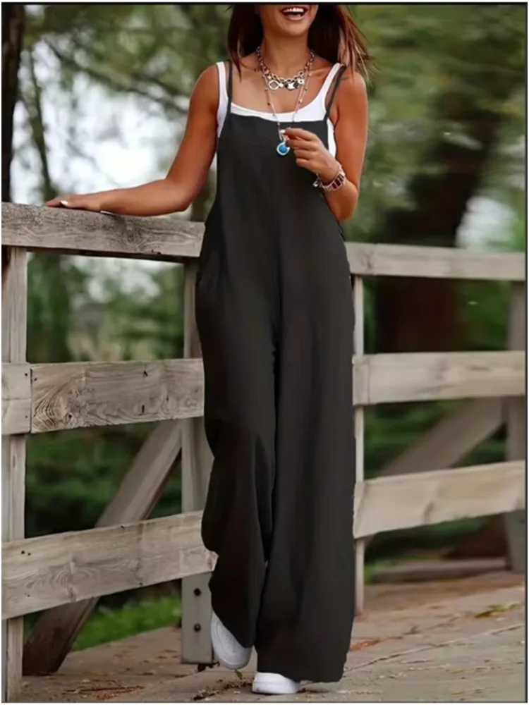 Women's Sleeveless Jumpsuit with Suspender Loose Casual Pocket Monochromatic Summer - Image 6