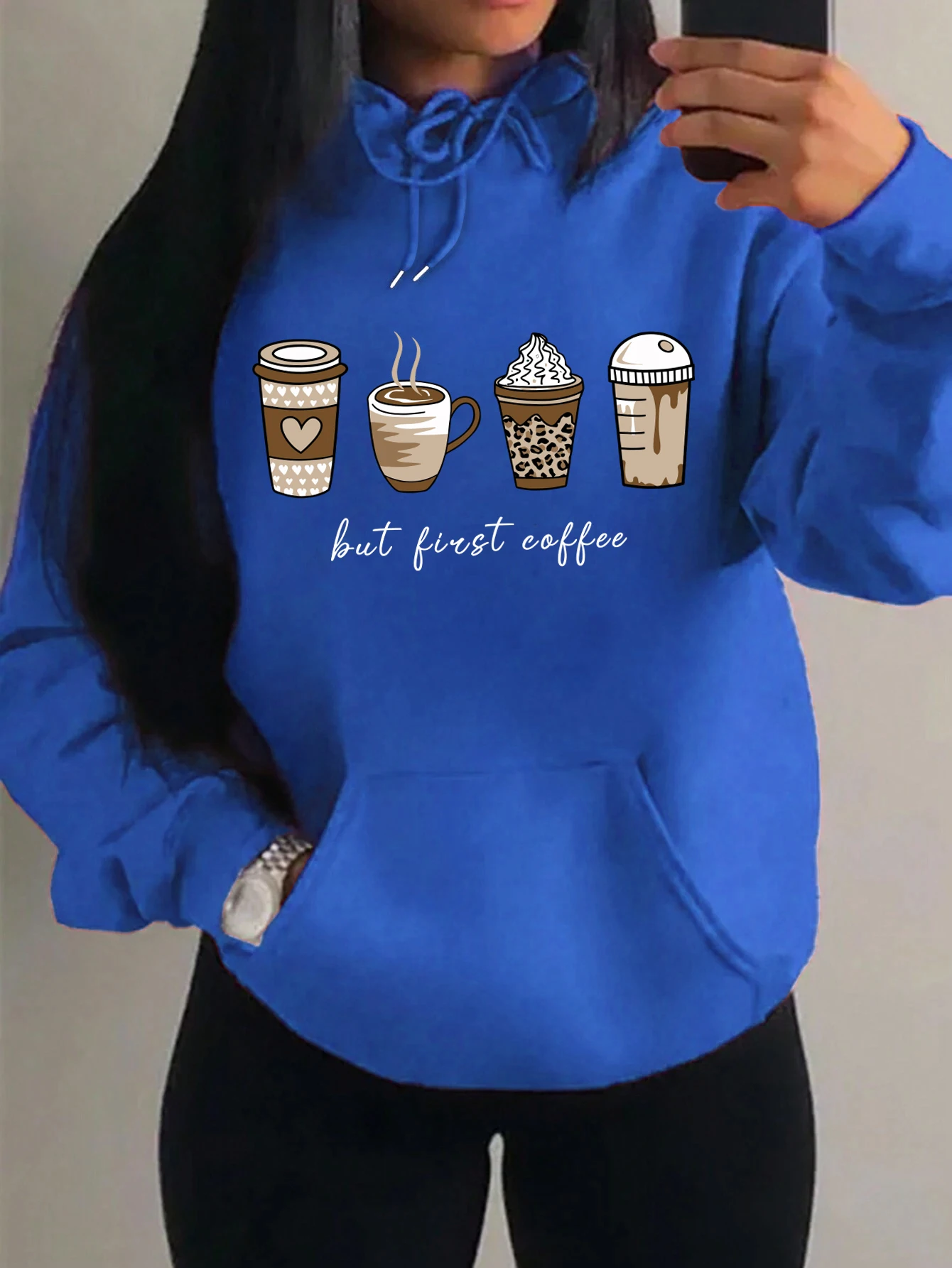 But First Coffee Cartoons Coffee Drinks Pattern Hoodies Fashion Warm Hoody Casual Trendy Sweatshirt Street Women Pullovers - Image 8