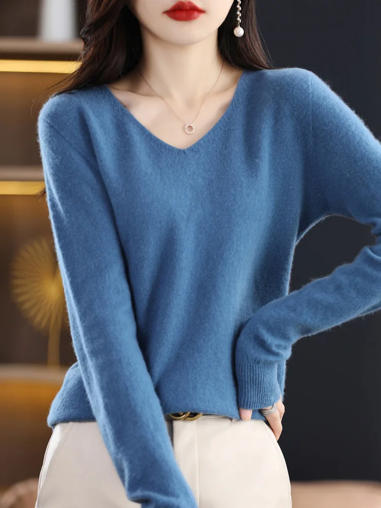 Women 100% Merino Wool Sweater V-Neck Basic Pullover Autumn Winter Cashmere Clothing Long Sleeve Soft Knitwear Tops Solid Color - Image 14
