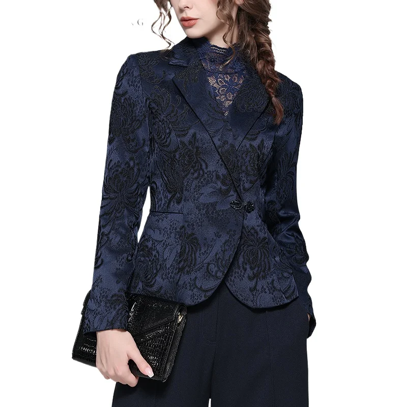 Elegant Suit Collar Women' Dark Blue Jacquard Blazer Elegant Slim Short Female Autumn Winter Coat Jacket Office Ladies Tops - Image 7
