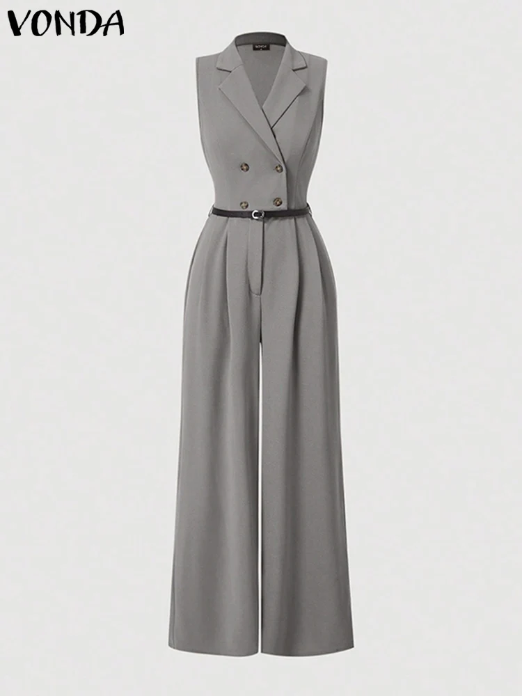 Plus Size 5XL VONDA Elegant Women Jumpsuits Sleeveless Playsuits Solid Color Rompers 2024 Casual Lapel Collar Wide Leg Bottoms - Image 3