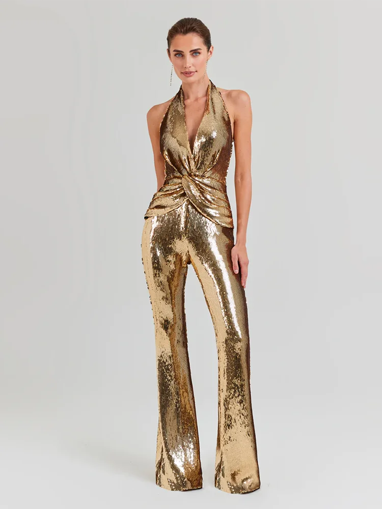 Women's Sleeveless Gold Sequin Jumpsuit Sexy V Neck Sparkle Sequined High Waist Wide Leg Pants Jumpsuit Celebrity Evening Party - Image 2