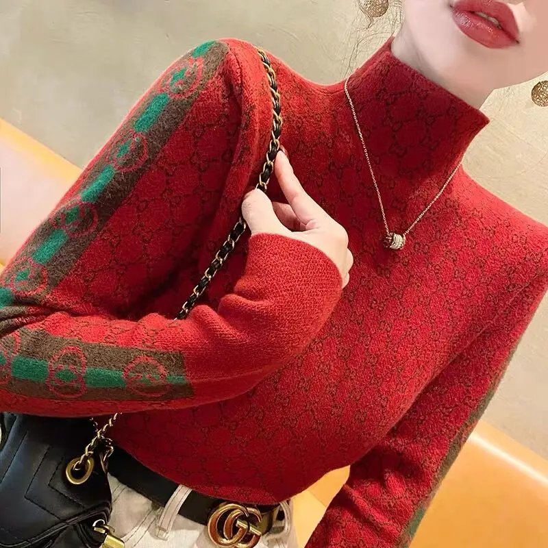 Women's Clothing Elegant Fashion Letter Knit Pullover Autumn All-match Slim Long Sleeve Half High Collar Pullovers Lady Chic Top - Image 2