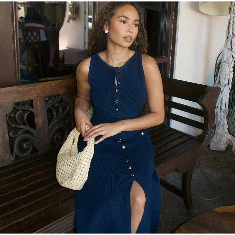 2024 Summer Elegant Lady Knitted Single Breasted Long Dresses Women Solid Sleeveless O Neck Button Bodycon Party Female Vestidos - Image 7