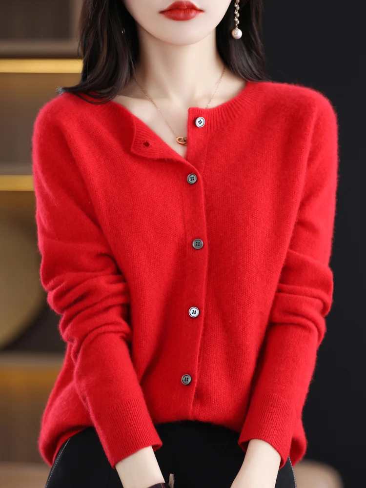 New Fashion Spring 100% Merino Wool Womens O-neck Cardigan Cashmere Sweater 2024 Female Clothing Grace Knitwear Korean Tops - Image 2