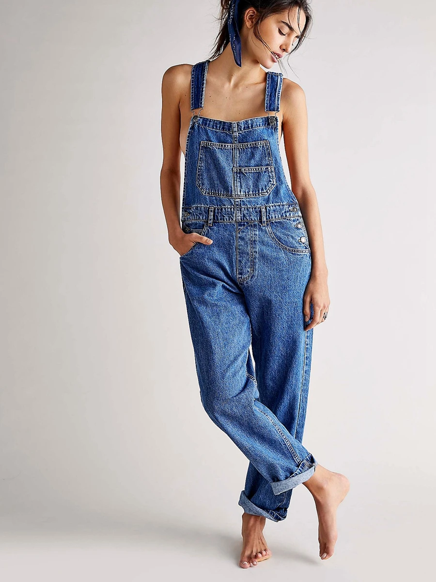 Casual Women Summer Vintage Retro Denim Long Jumpsuit Spaghetti Strap Straight Romper Pants Baggy Bib Overalls Jumpsuits - Image 3