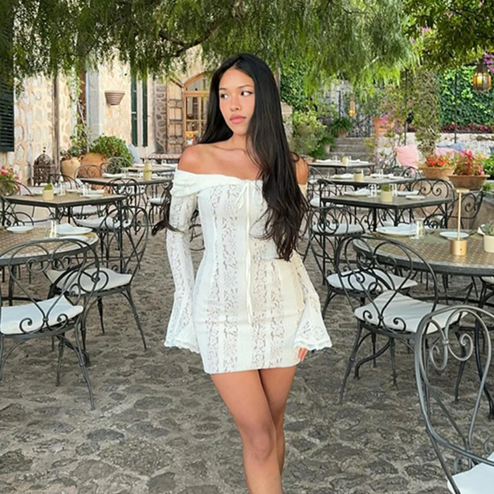 Suninheart White Off The Shoulder Bodycon Dress 2024 New in Flare Sleeve Elegant Lace Maxi Dress Wedding Guest Dress for Women - Image 10