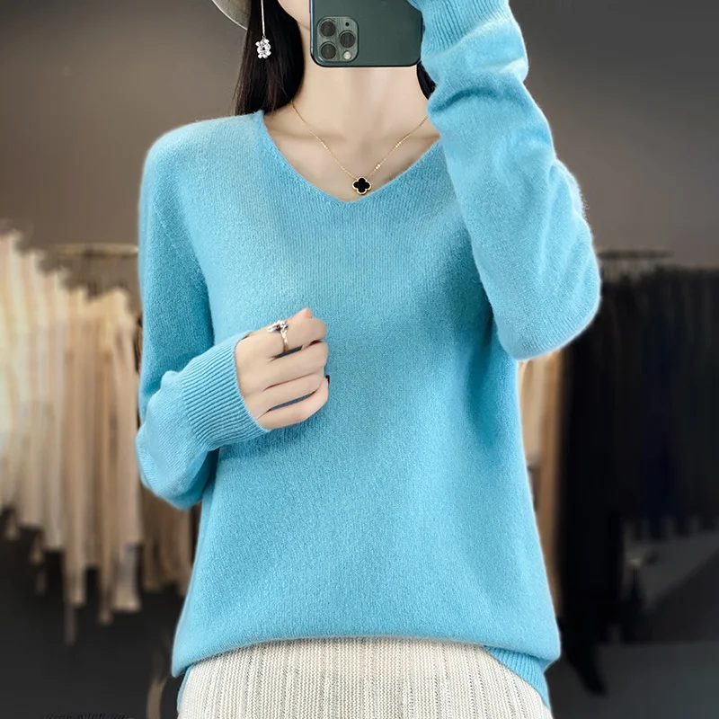 Women 100% Merino Wool Sweater V-Neck Basic Pullover Autumn Winter Cashmere Clothing Long Sleeve Soft Knitwear Tops Solid Color - Image 22