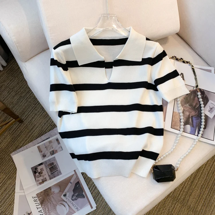 2024 New Striped Pattern Collared Sweater Versatile Short Sleeve Knitted Top For Spring & Summer Women's Clothing Crop Top - Image 8