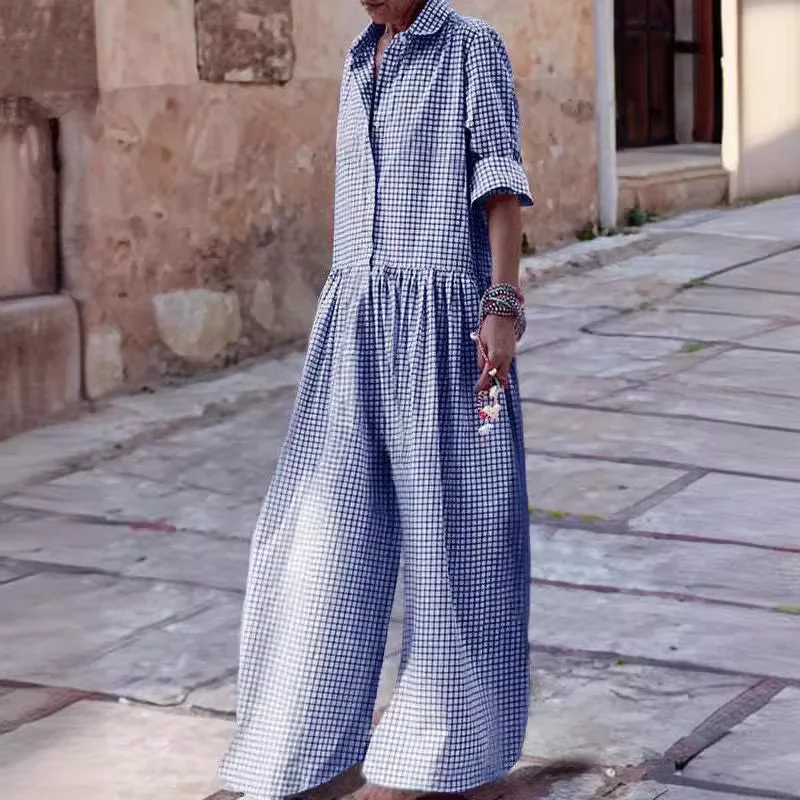 Loose Casual Plaid Print Jumpsuit Fashion Lapel Single Breasted Half Sleeved Wide Leg Jumpsuit Spring Summer Fashion Lady New - Image 2