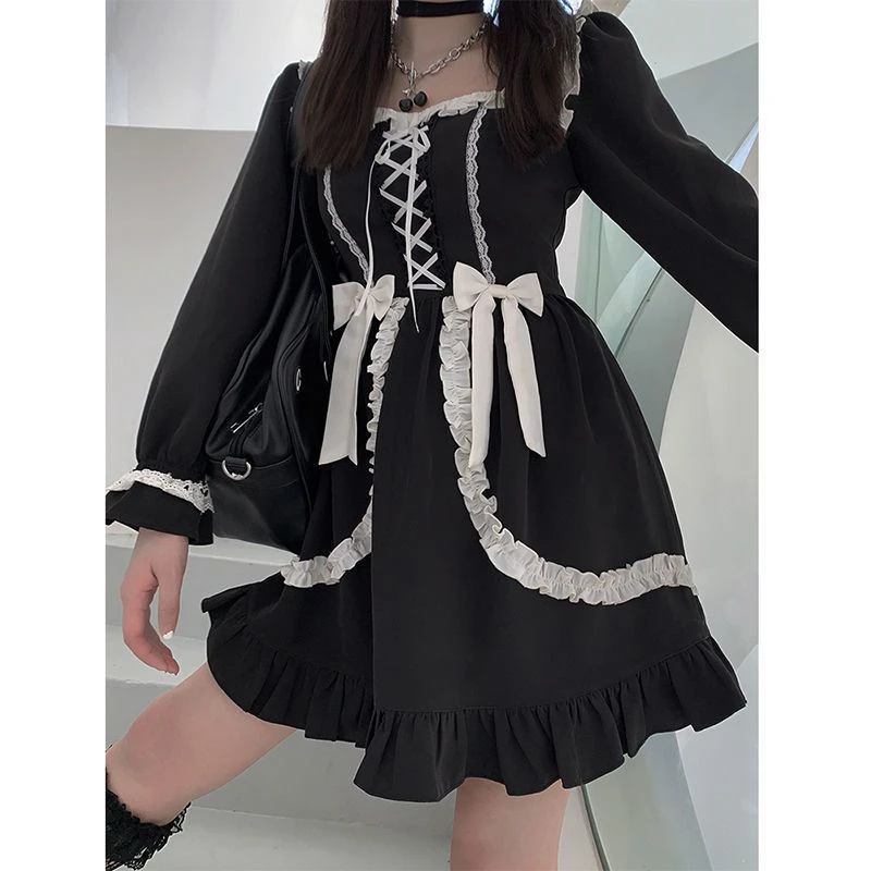 Harajuku Sweet Bow Black Plaid Dresses All-match Slim Fit Kawaii Lolita Dress for Women Autumn New Long Sleeve Vestidos De Mujer - Image 7